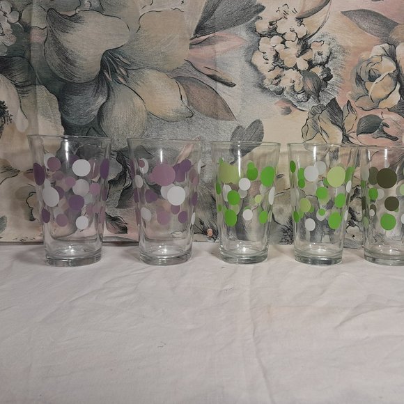 Set of Six Vintage Libbey Polka Dot Drinking Glasses - Green and Purple - 16oz - Picture 2 of 8